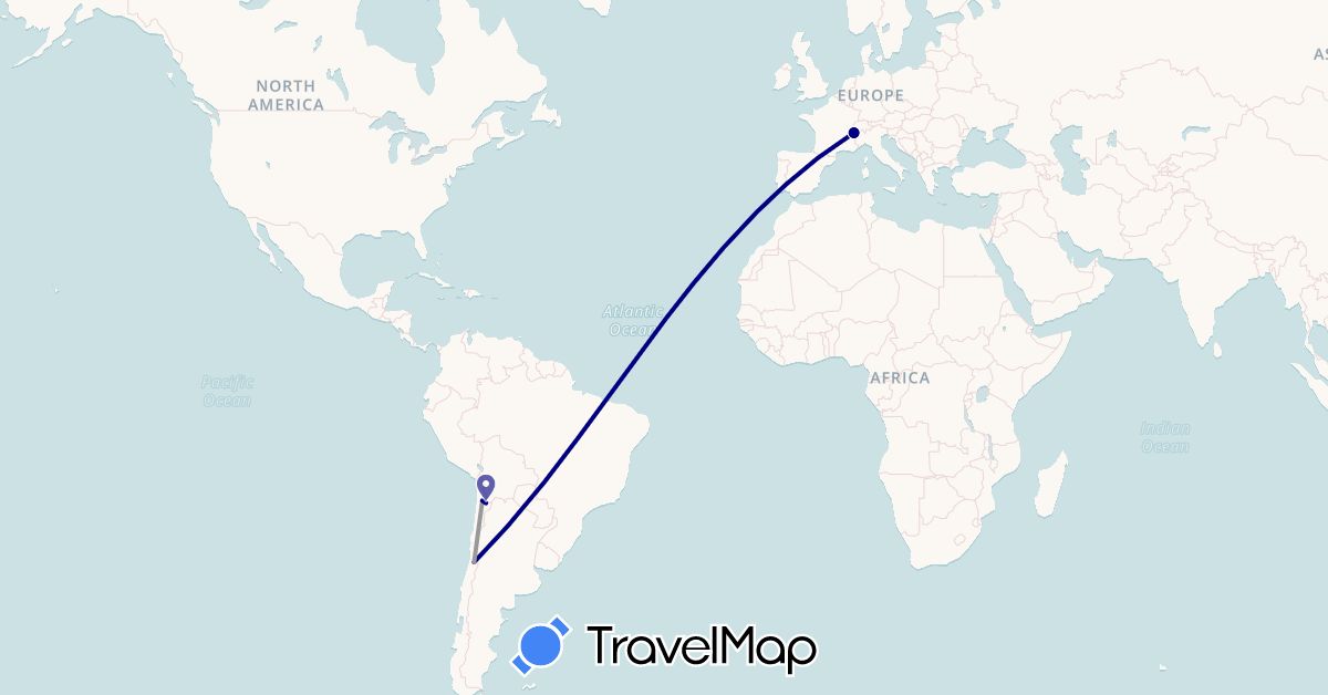 TravelMap itinerary: driving, plane in Chile, France (Europe, South America)